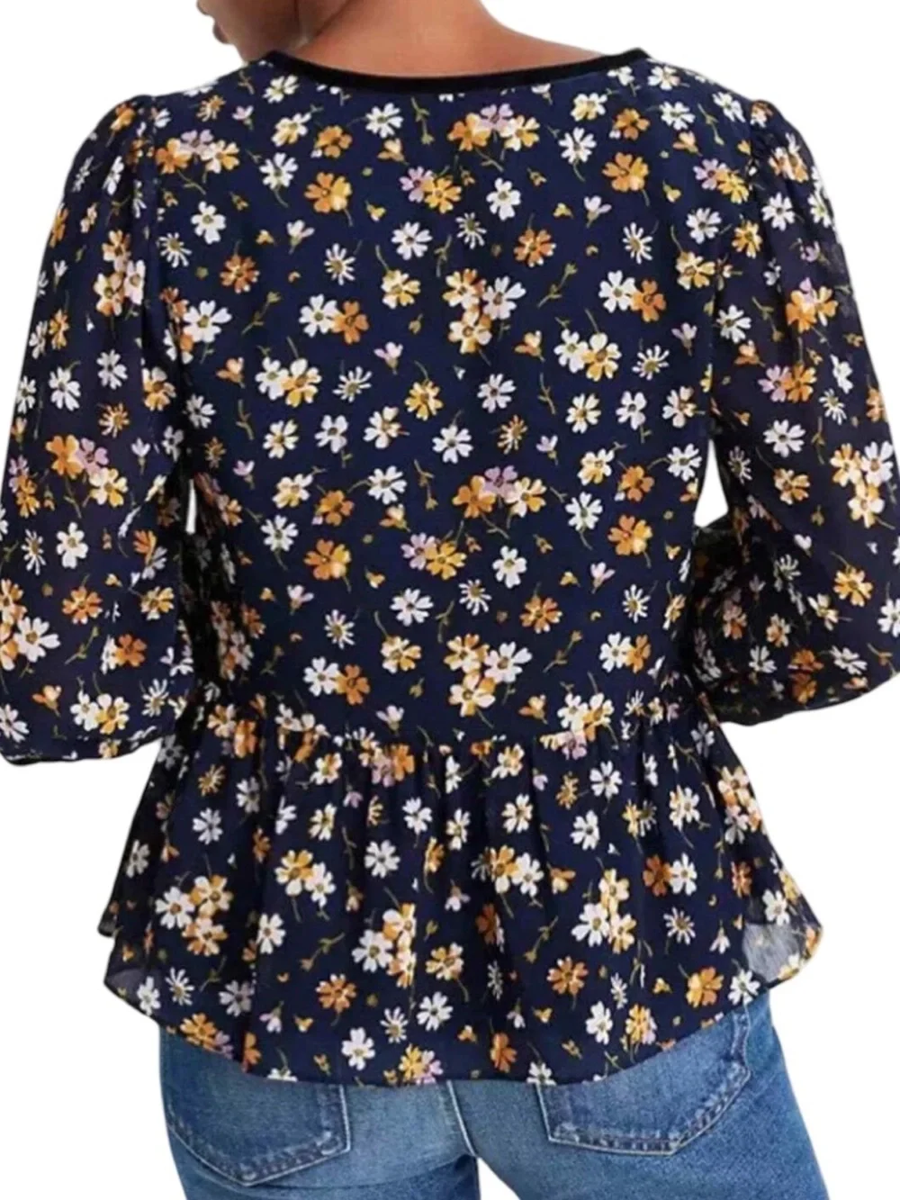 Madewell Velvet Trim Square-Neck Navy Floral Romantic Peasant Blouse Top SM EUC